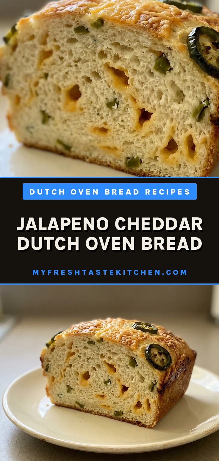 Overhead shot of a round loaf with a golden crust, topped with melted cheddar and sliced jalapenos.