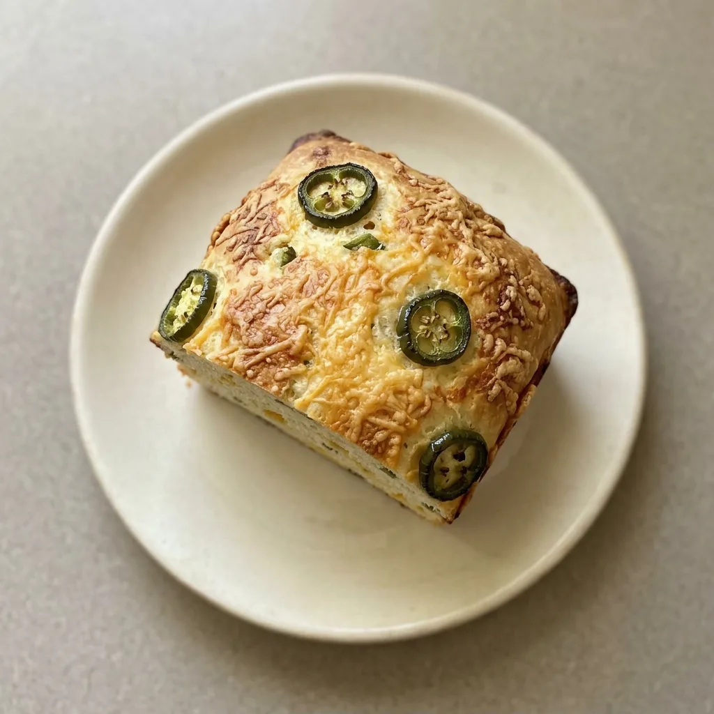 Plated wedge of bread with a soft interior, cheddar streaks, and jalapeno rings visible on the crust.