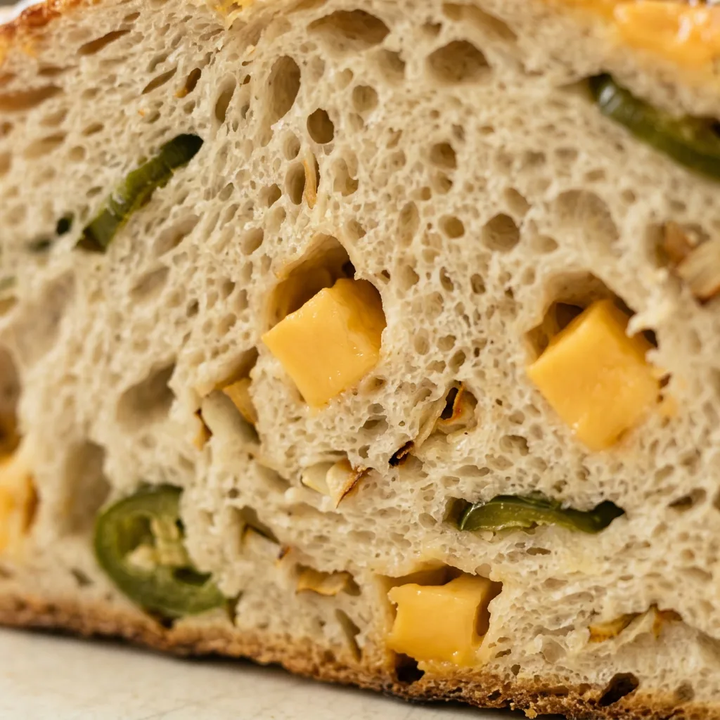 Zoomed in on a slice of sourdough bread showing pockets of melted cheddar, green jalapeño pieces, and dried onion.