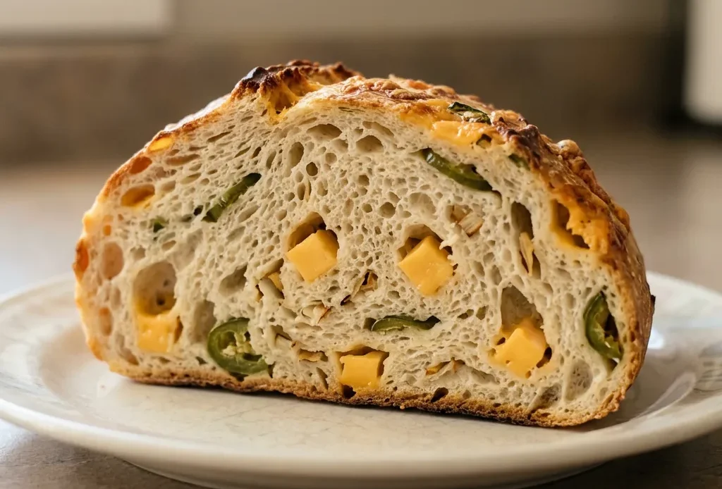 Bird's-eye view of a round sourdough loaf topped with melted cheddar, sliced jalapeño, and dried onion flakes.