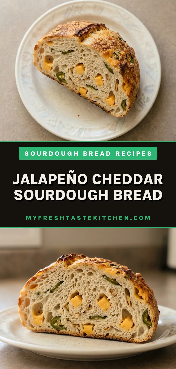 Bird's-eye view of a round sourdough loaf topped with melted cheddar, sliced jalapeño, and dried onion flakes.