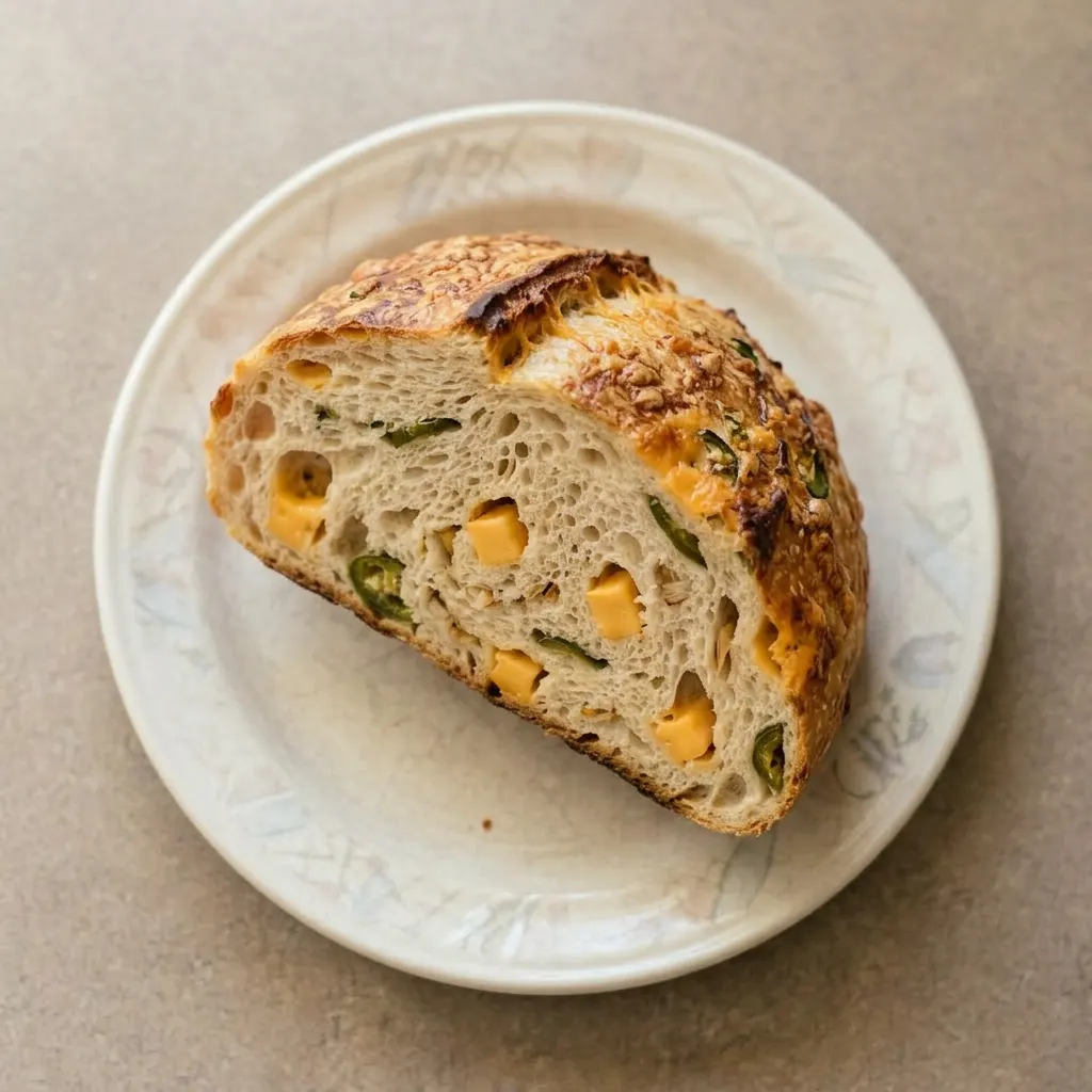 Ready to serve: a whole sourdough loaf with a golden crust, cheddar cheese, jalapeño slices, and dried onion on top.