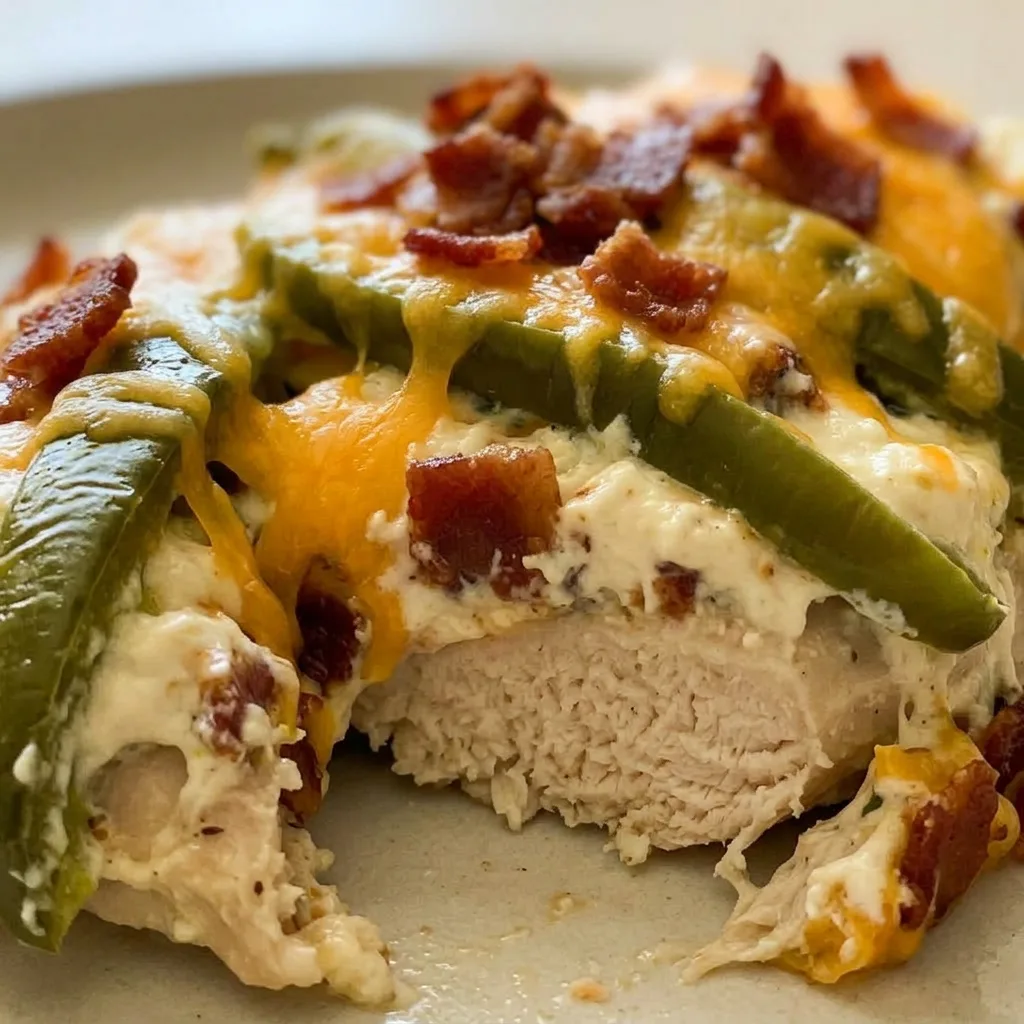 Macro detail of a casserole showing creamy chicken, diced jalapeño, melted cheddar cheese, and crispy bacon pieces.