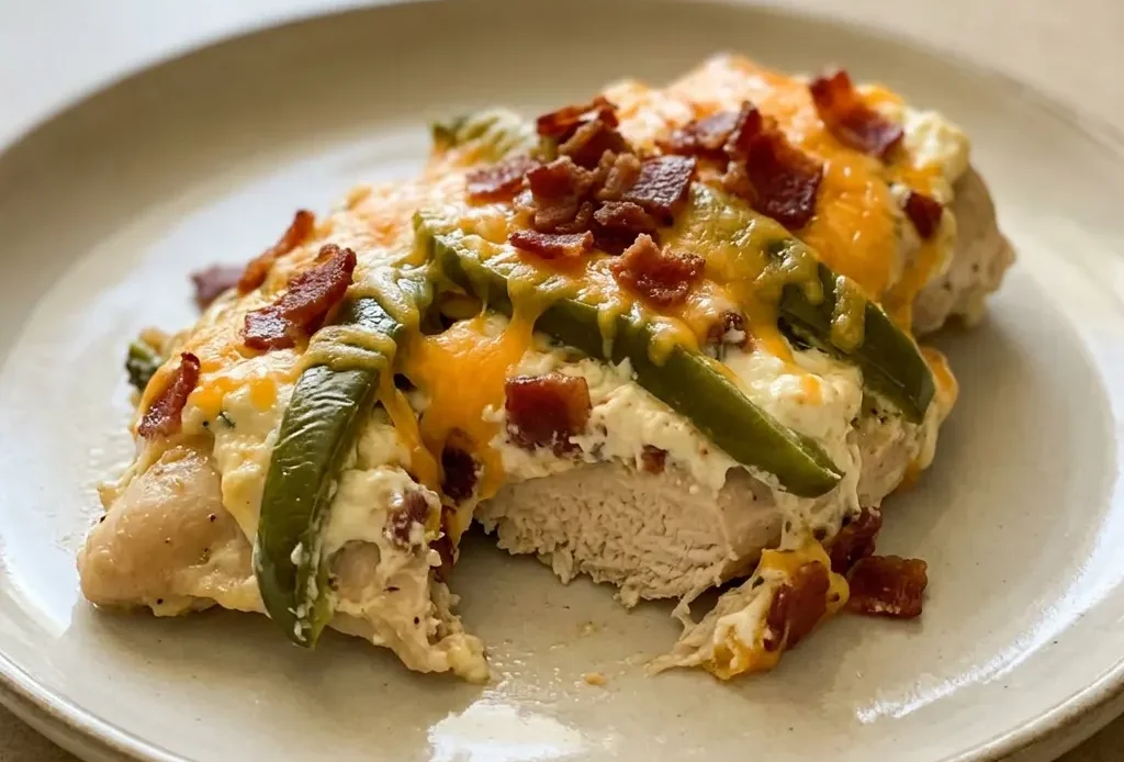 Top-down look at a casserole with diced chicken, cream cheese, jalapeño slices, and melted cheddar topped with bacon bits.