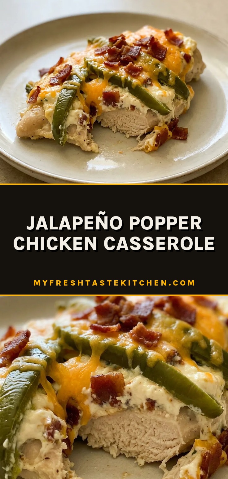 Top-down look at a casserole with diced chicken, cream cheese, jalapeño slices, and melted cheddar topped with bacon bits.
