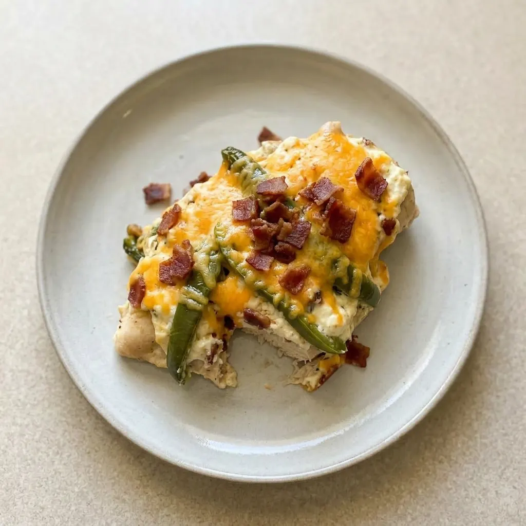 A serving of casserole with chunks of chicken, cream cheese, jalapeño, melted cheddar, and crumbled bacon.