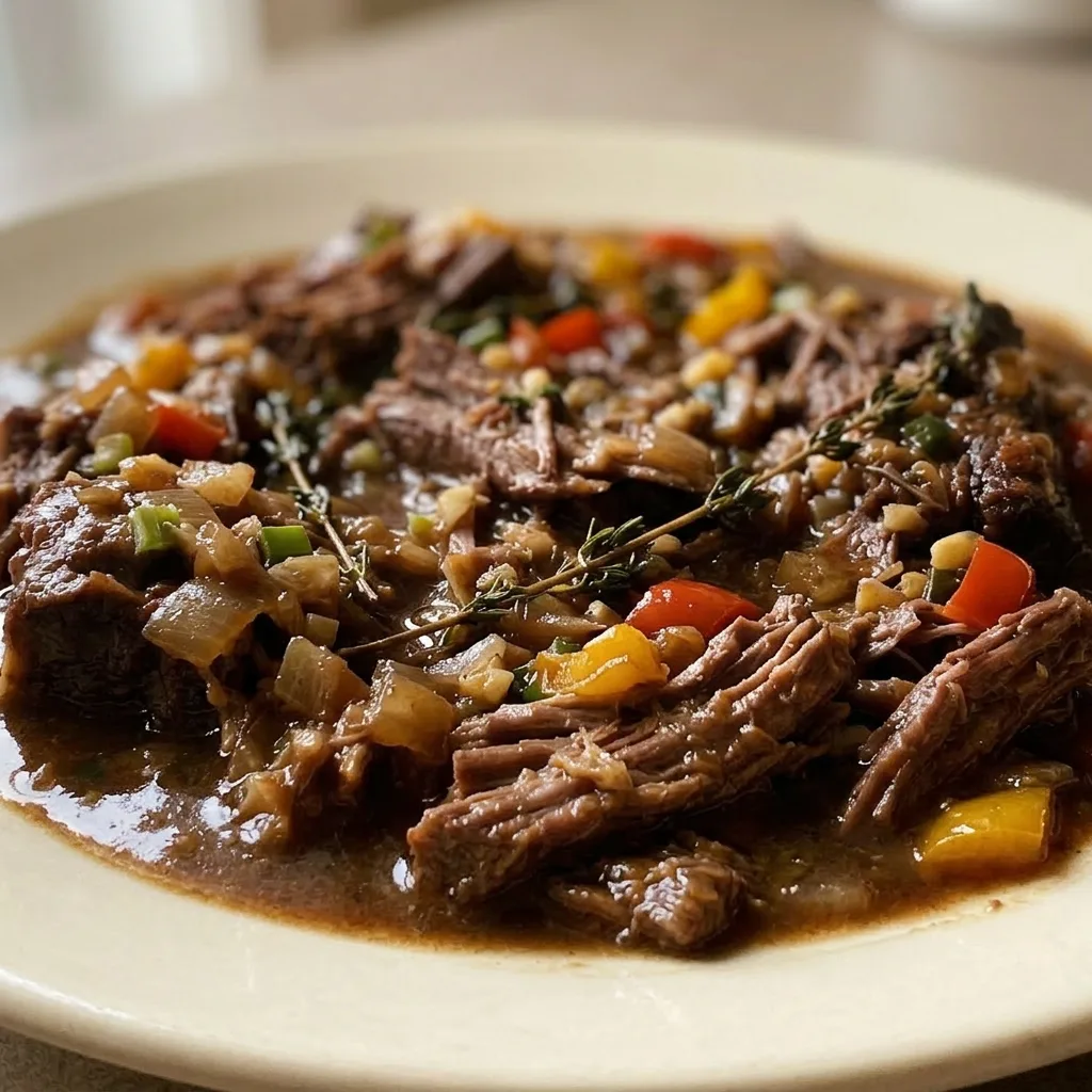 Up close, a single short rib with glistening browning sauce, topped with diced bell peppers and a scotch bonnet pepper slice.