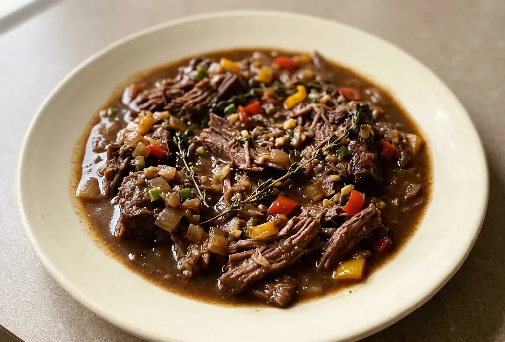 Looking down at three short ribs on a bed of stewed bell peppers, garnished with a whole scotch bonnet pepper and thyme sprigs.