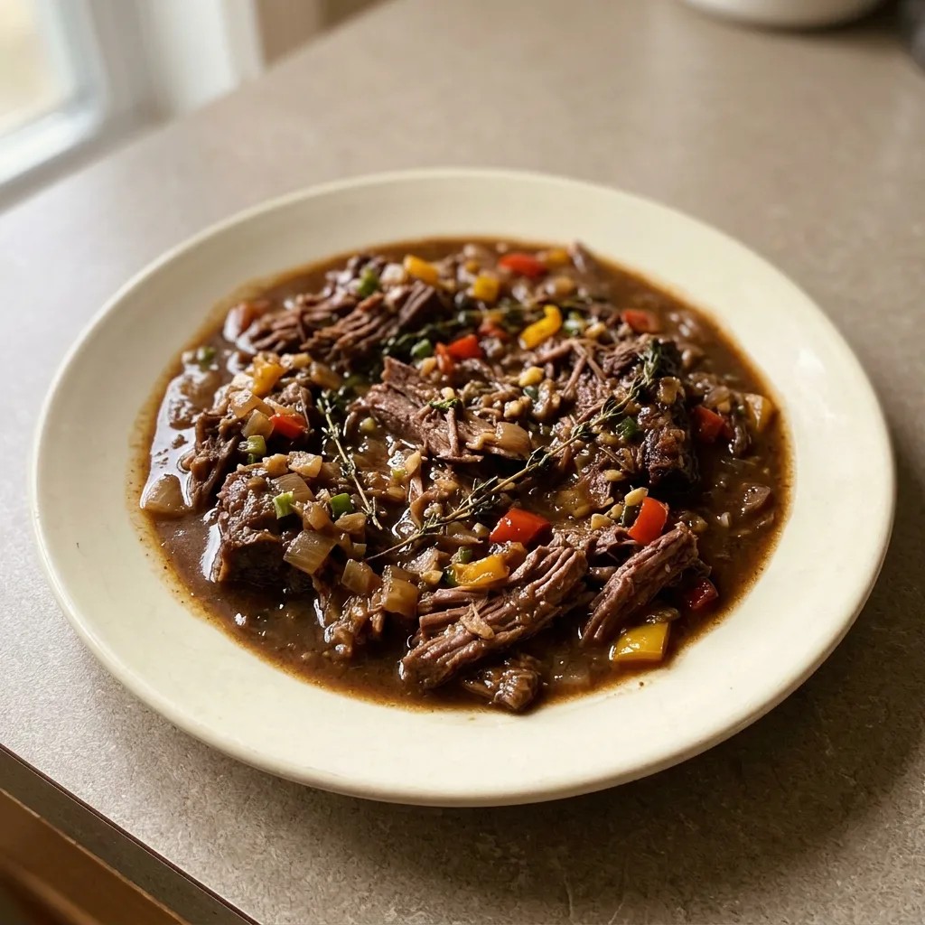 Looking down at three short ribs on a bed of stewed bell peppers, garnished with a whole scotch bonnet pepper and thyme sprigs.