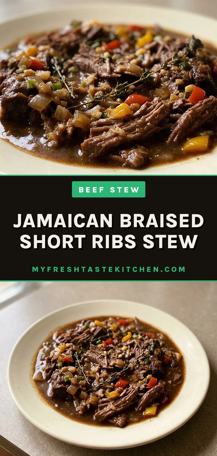 Jamaican braised short ribs stew with scotch bonnet pepper, thyme, and bell peppers in a rich brown sauce.