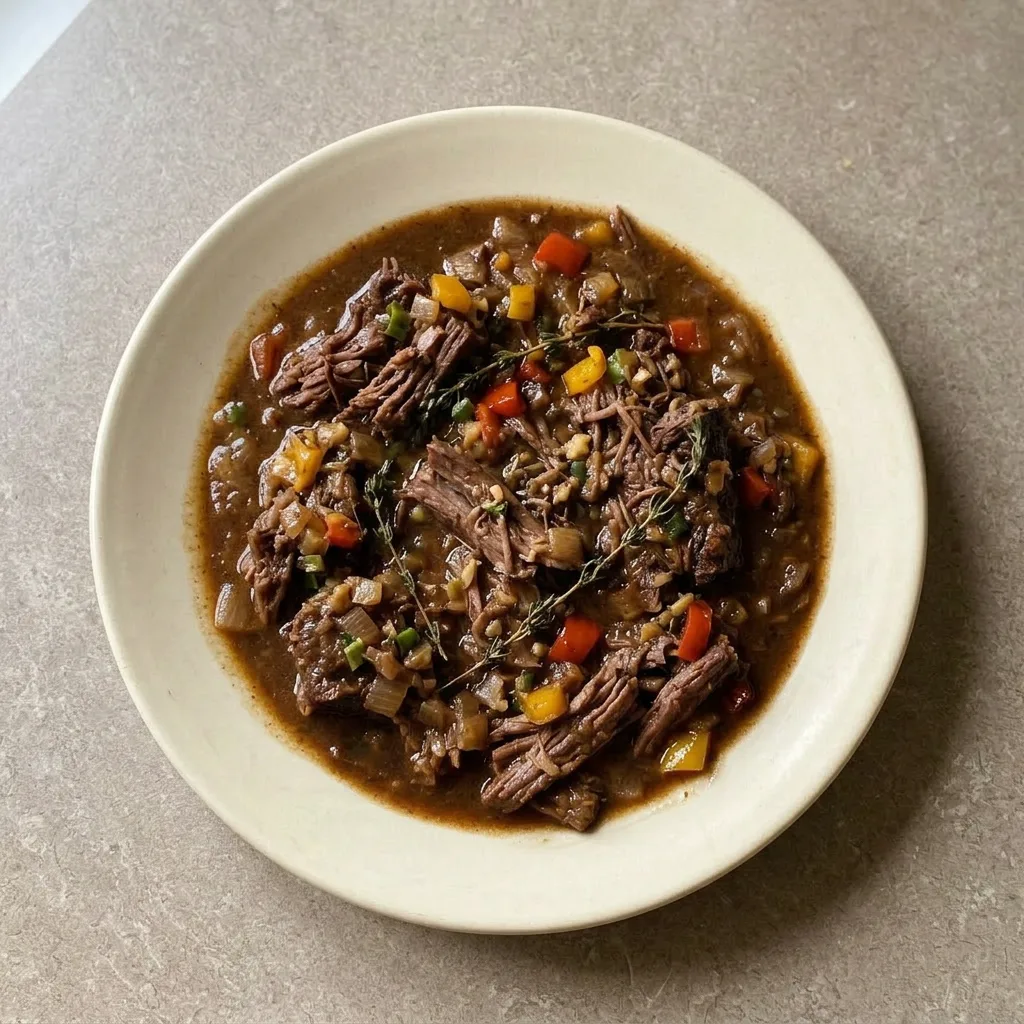 A plate of braised short ribs tucked among bell peppers, with a scotch bonnet pepper and fresh thyme leaves scattered on top.