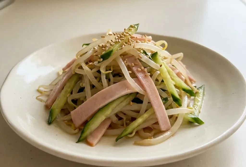 Bird's-eye view of a bed of bean sprouts topped with cucumber slices, ham strips, sesame seeds, and a drizzle of soy sauce and sesame oil.