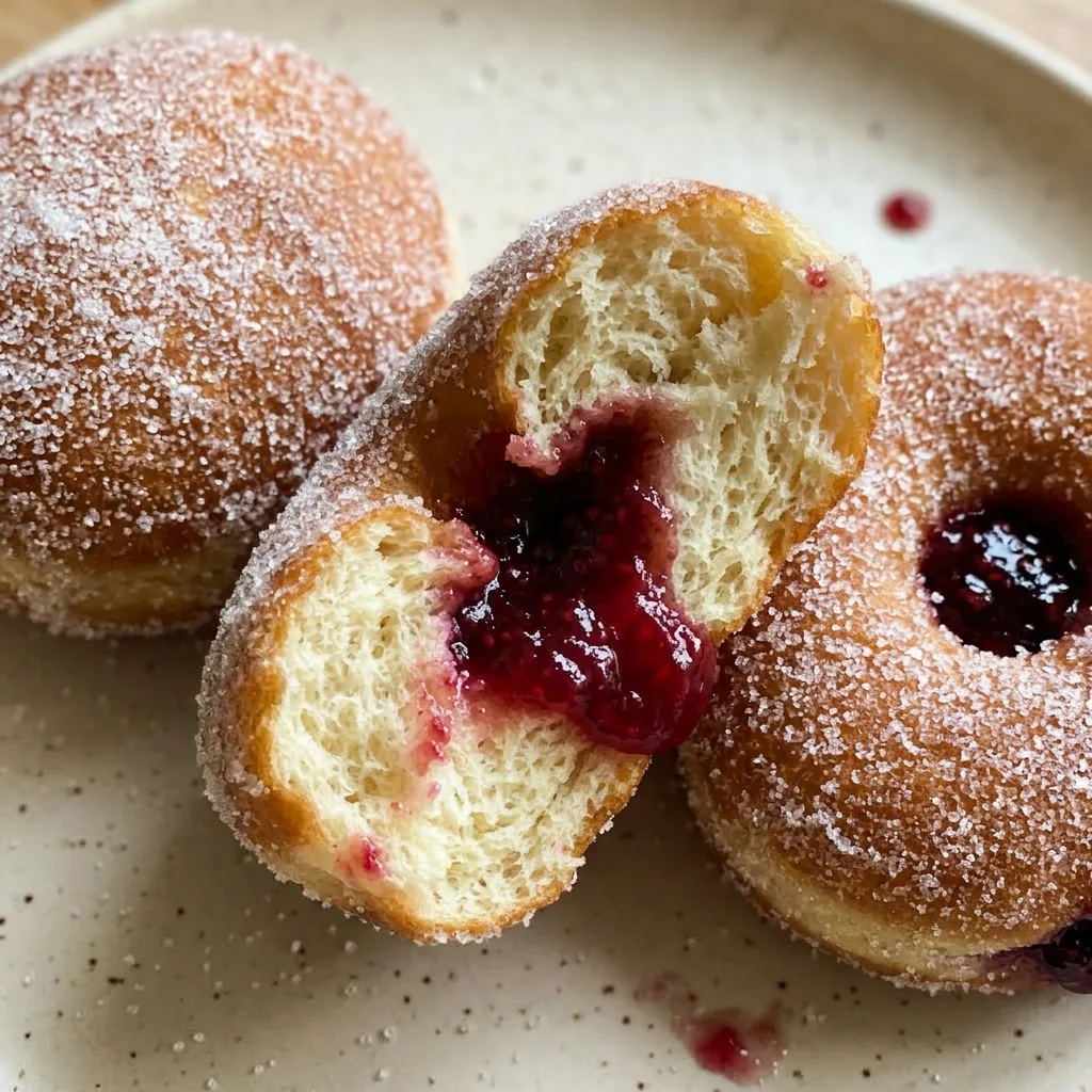 Macro detail of a donut half showing red jelly oozing from the center, with a dusting of powdered sugar on the golden-brown crust.