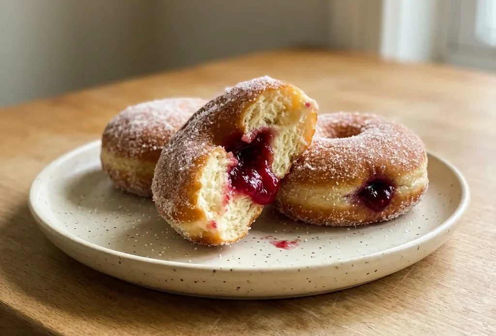 Top-down look at three round donuts filled with raspberry jelly, arranged in a triangle on a white plate.