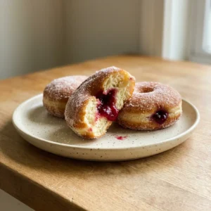 Top-down look at three round donuts filled with raspberry jelly, arranged in a triangle on a white plate.