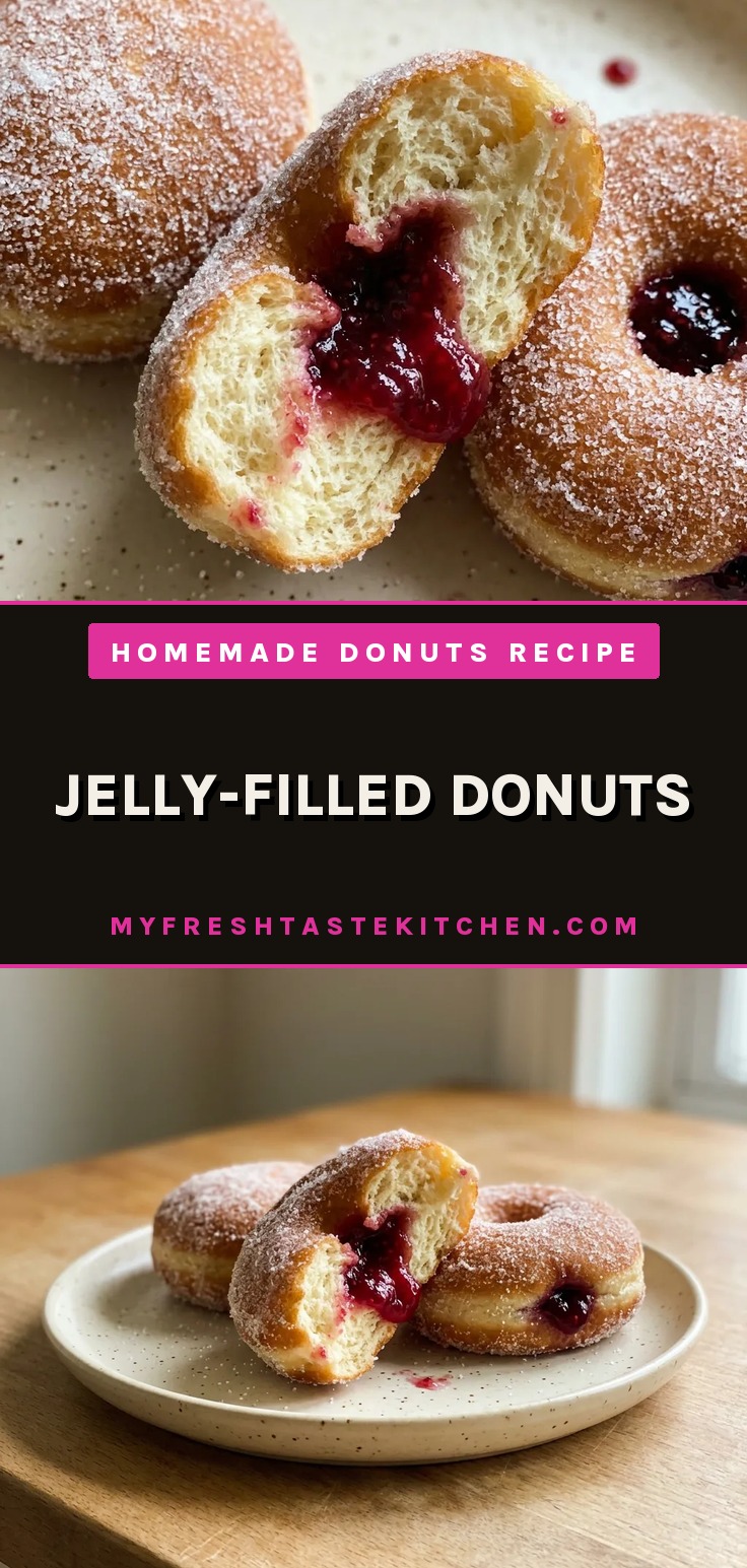 Raspberry jelly donuts, homemade filled donuts made from yeast dough, dusted with granulated sugar.
