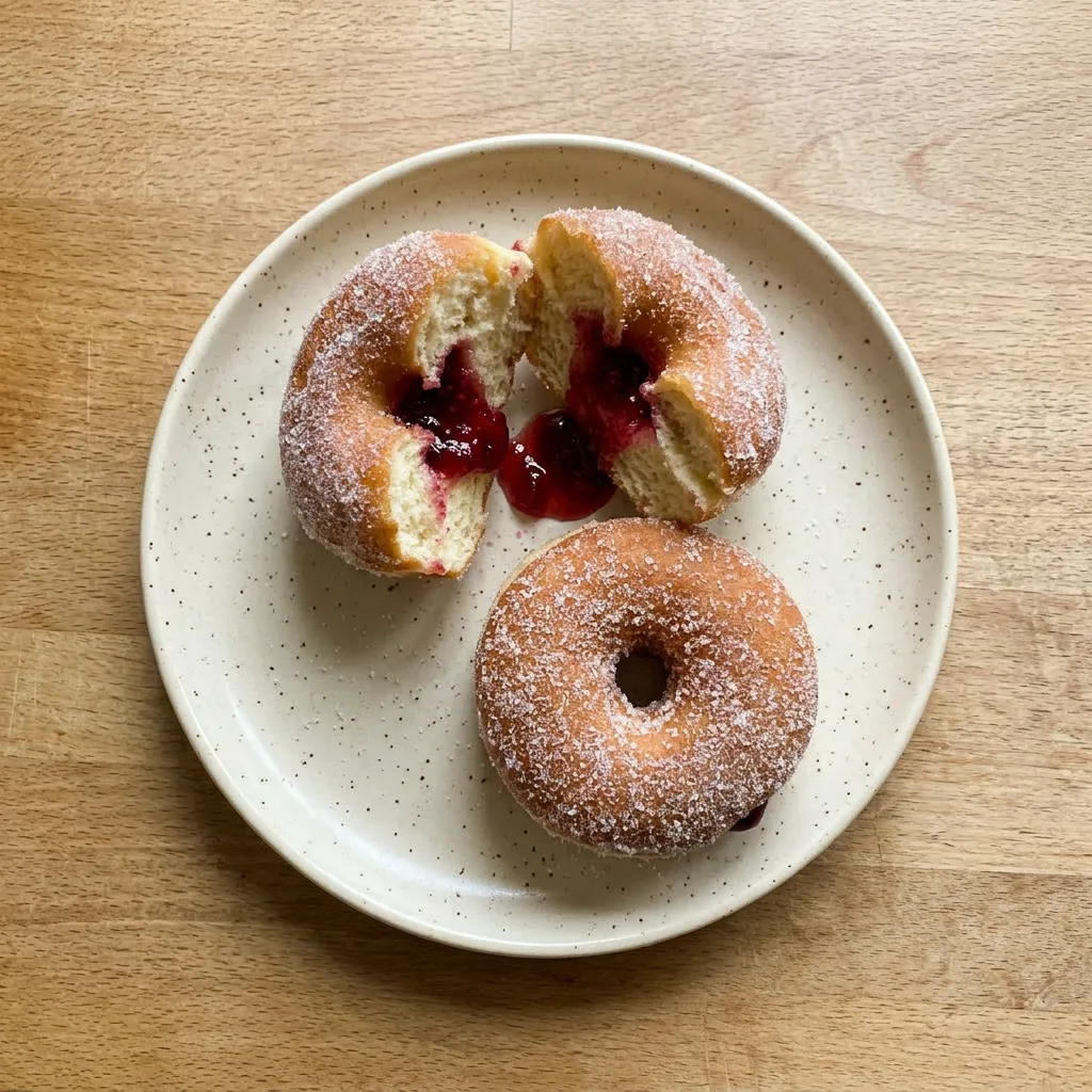 A serving of two donuts on a plate, one bitten to reveal the raspberry jelly filling, with a small dish of extra jelly on the side.