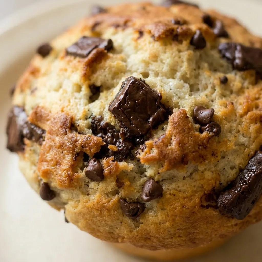 Zoomed in on a muffin's golden dome with melted chocolate chips and moist banana crumb visible.