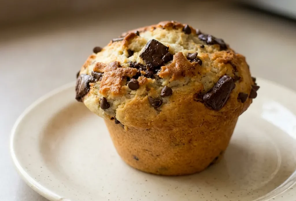 Bird's-eye view of a jumbo muffin with a cracked top, studded with chocolate chips and banana pieces.