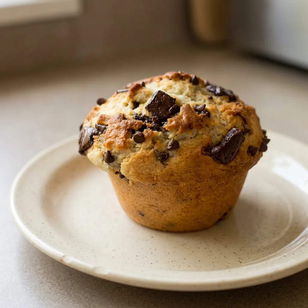 Bird's-eye view of a jumbo muffin with a cracked top, studded with chocolate chips and banana pieces.