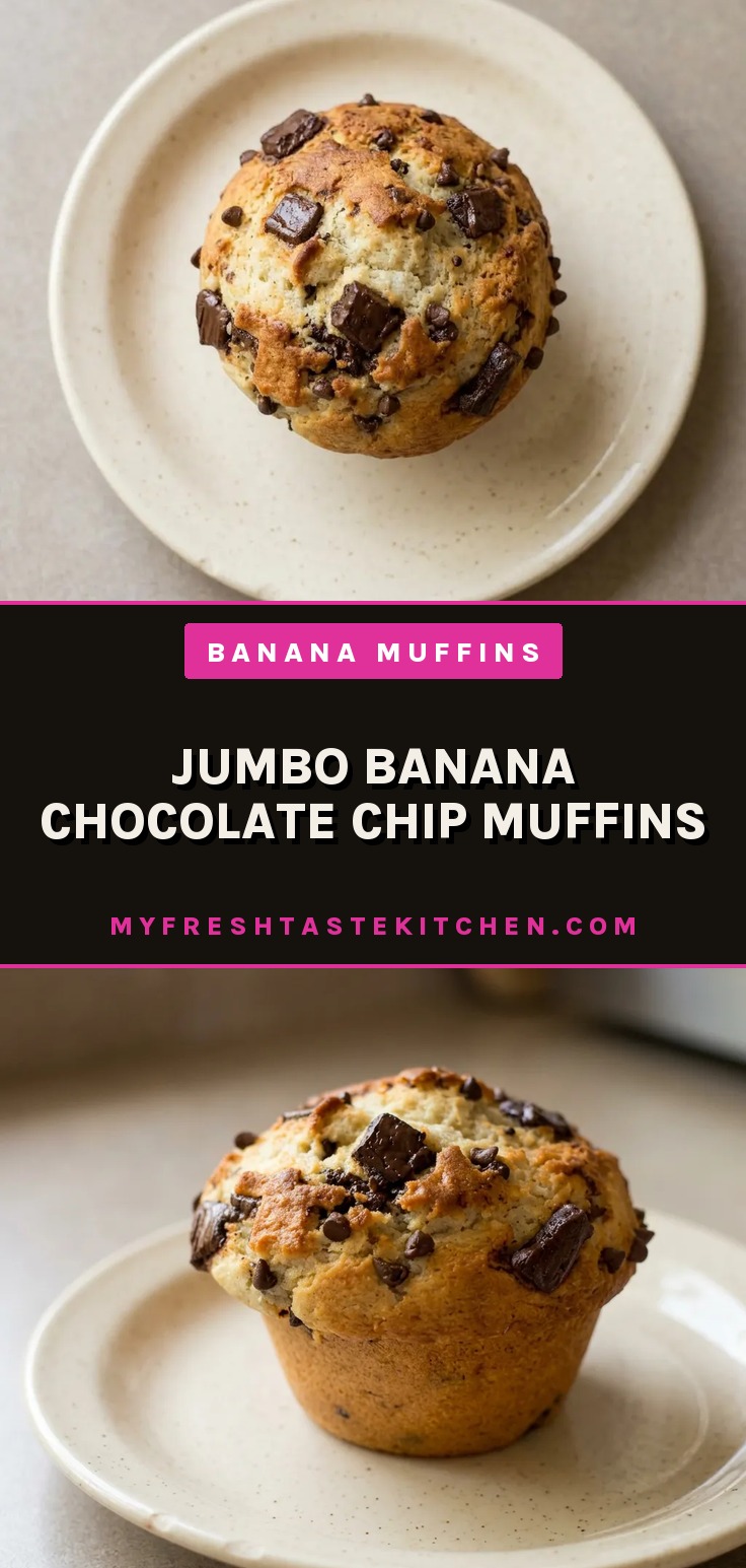 Bird's-eye view of a jumbo muffin with a cracked top, studded with chocolate chips and banana pieces.