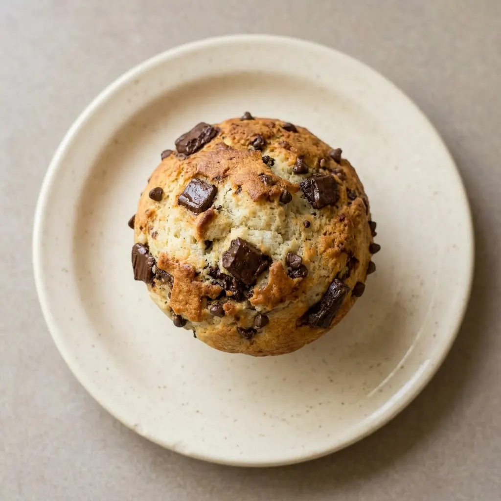 Ready to serve: a tall muffin with a rounded top, dotted with chocolate chips and banana chunks.