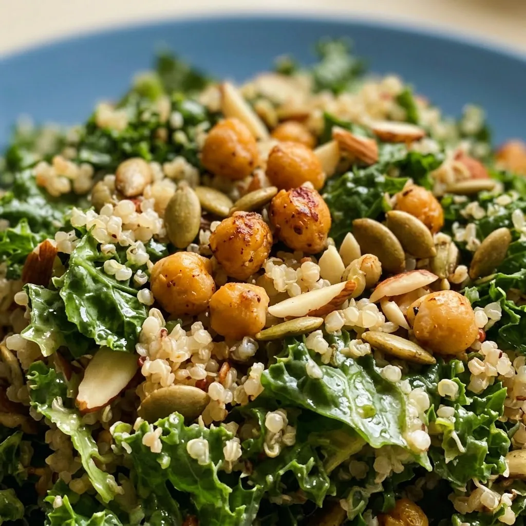 Zoomed in on a forkful of kale and quinoa salad, showing chickpeas, pumpkin seeds, and almonds coated in a glossy lemon dijon dressing.