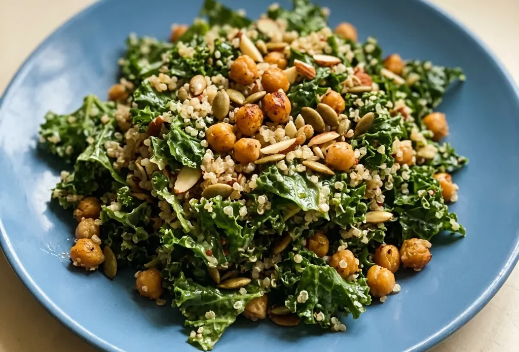 Bird's-eye view of a bed of kale and quinoa topped with chickpeas, pumpkin seeds, and slivered almonds, with lemon wedges on the side.