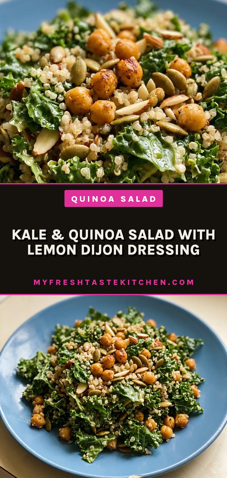 Bird's-eye view of a bed of kale and quinoa topped with chickpeas, pumpkin seeds, and slivered almonds, with lemon wedges on the side.