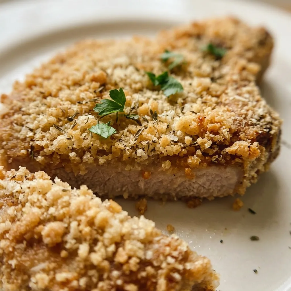 Macro detail of a pork chop with crispy pork rind and Parmesan coating, showing browned edges and herb flecks.