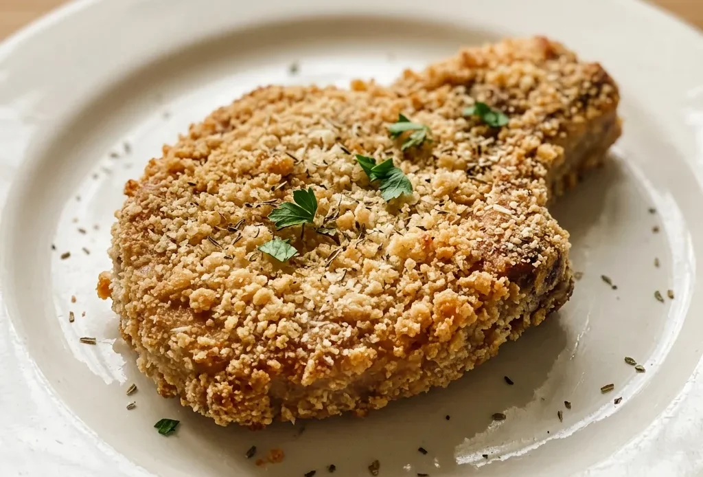 Top-down look at two breaded pork chops with golden crust and visible Italian seasoning specks.