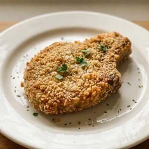 Top-down look at two breaded pork chops with golden crust and visible Italian seasoning specks.