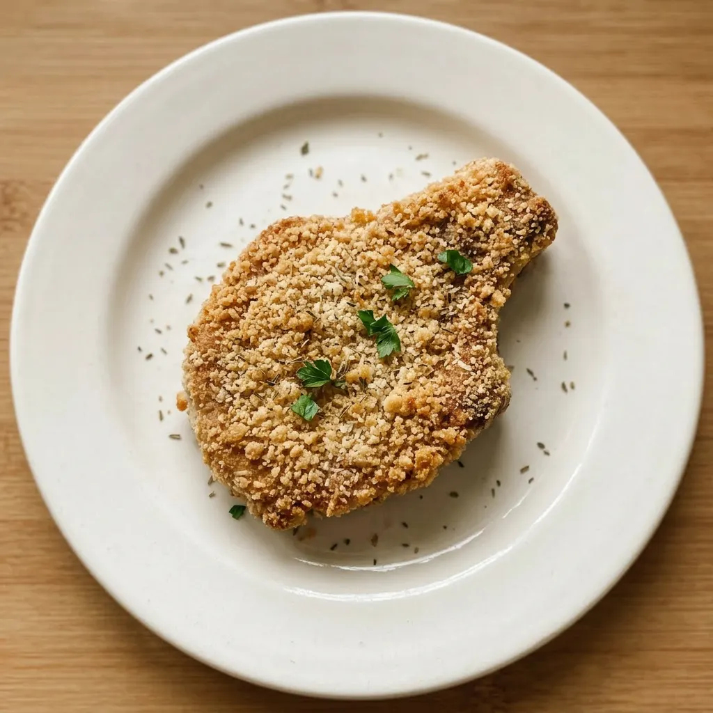 A serving of two seasoned pork chops with crunchy crust and Parmesan, garnished with Italian herbs.