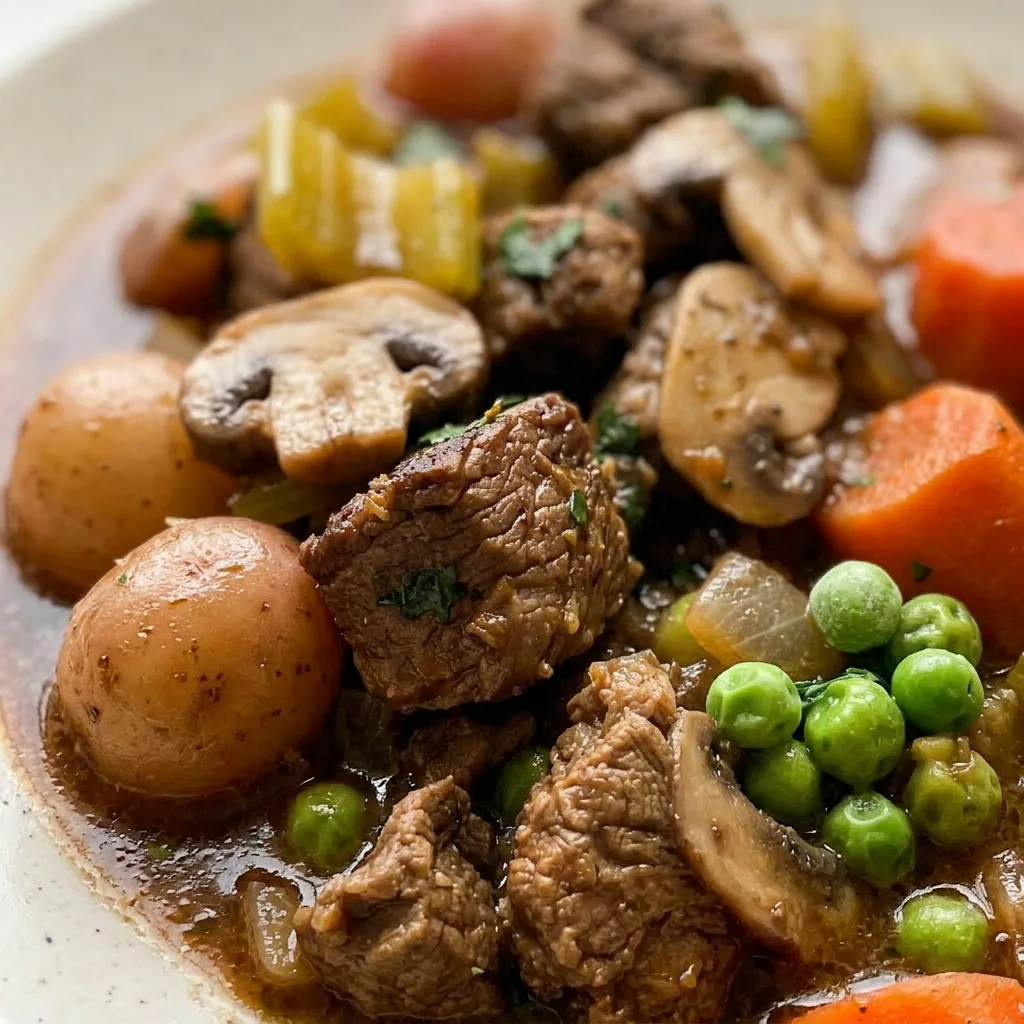 Close view of a spoonful of beef stew showing chunks of beef, radish, carrot, celery, mushroom, and peas in rich tomato-based broth.