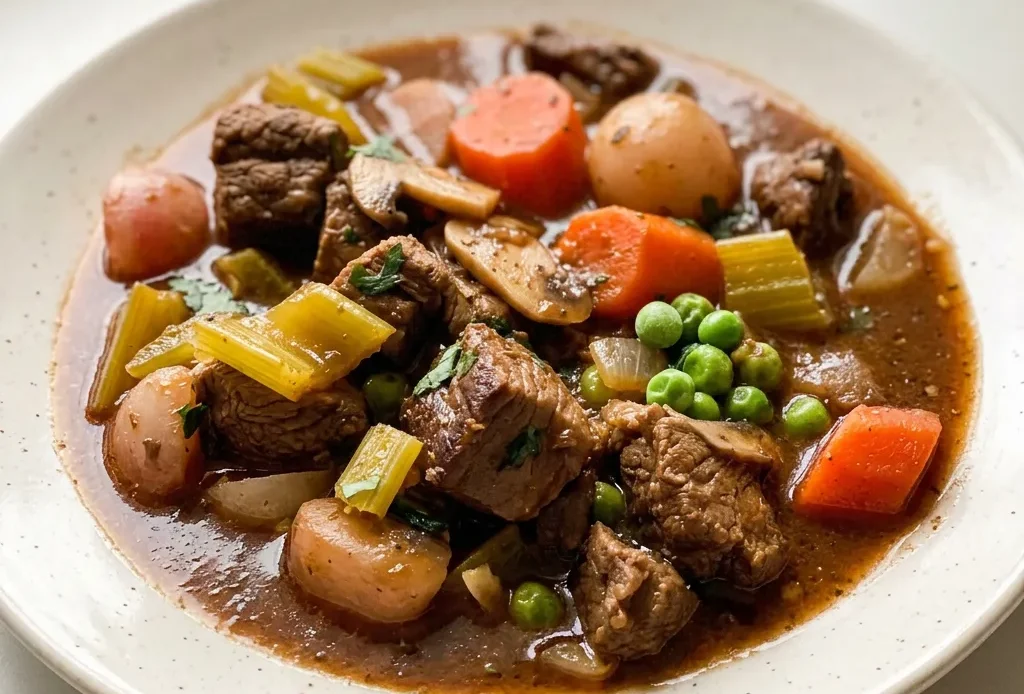 Overhead shot of a bowl of beef stew with tender beef, radishes, carrots, celery, mushrooms, peas, and dark broth.