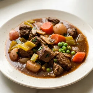 Overhead shot of a bowl of beef stew with tender beef, radishes, carrots, celery, mushrooms, peas, and dark broth.