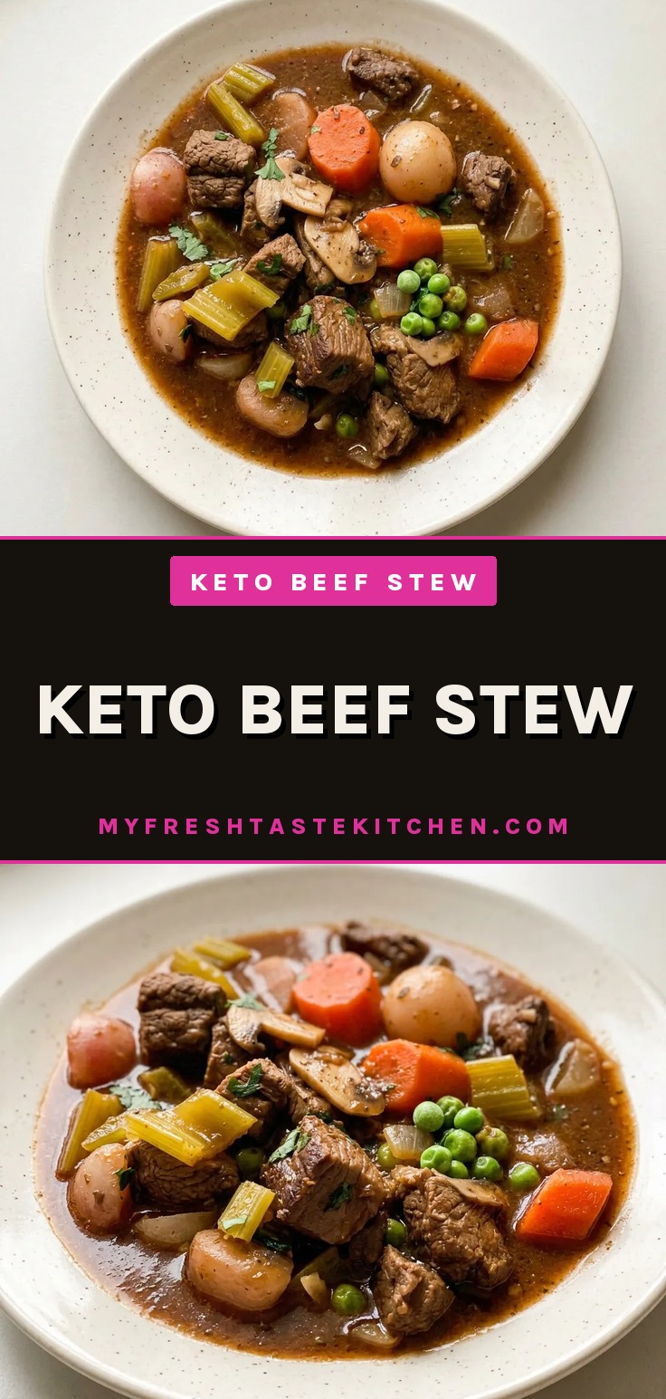 Keto beef stew in a bowl showing beef stew meat, radishes, carrots, celery, and mushrooms in a dark broth.