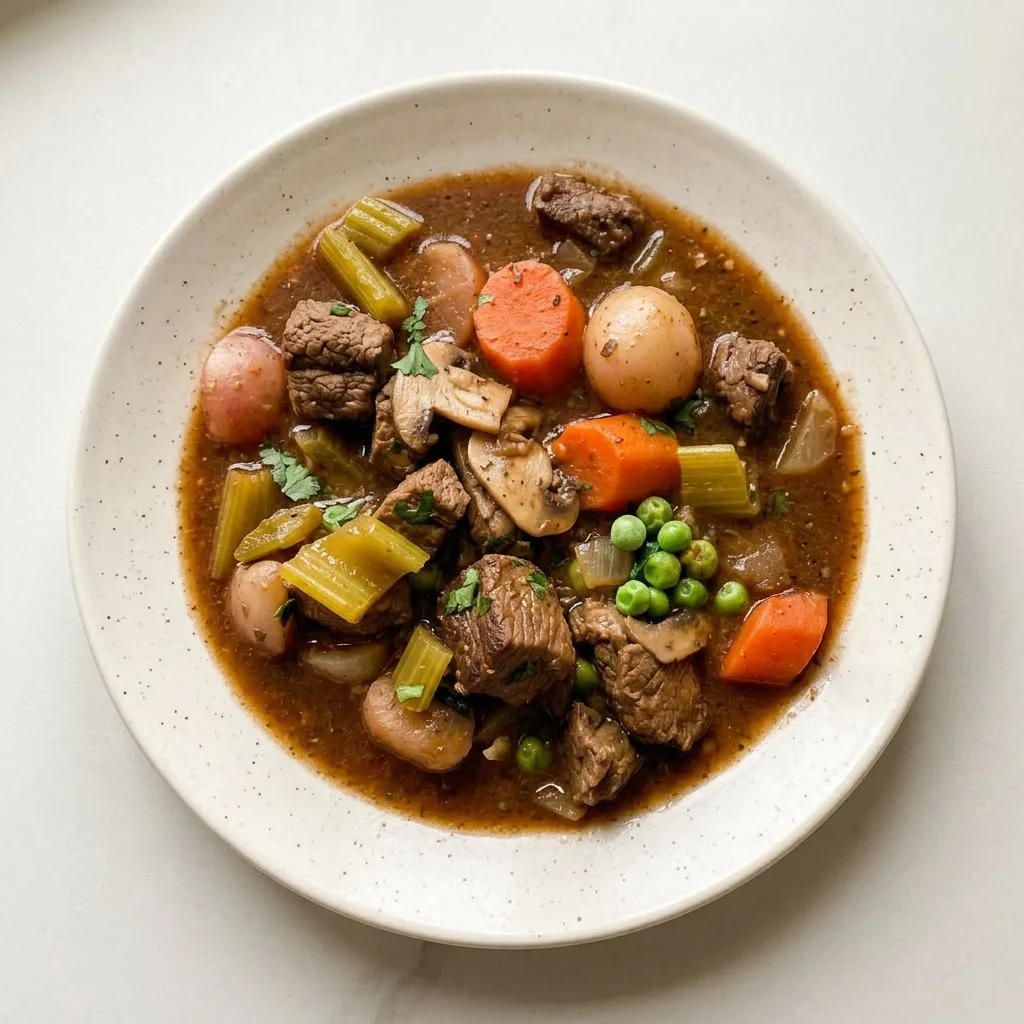 Plated beef stew in a shallow dish, with beef, radishes, carrots, celery, mushrooms, and peas visible in the thick broth.