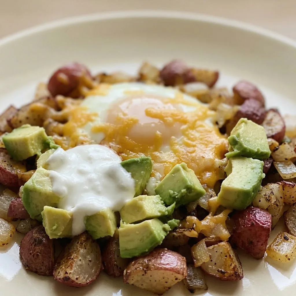 Macro detail of a fork piercing a runny egg yolk atop crispy radish hash, with melted cheddar, avocado chunks, and a sour cream dollop.