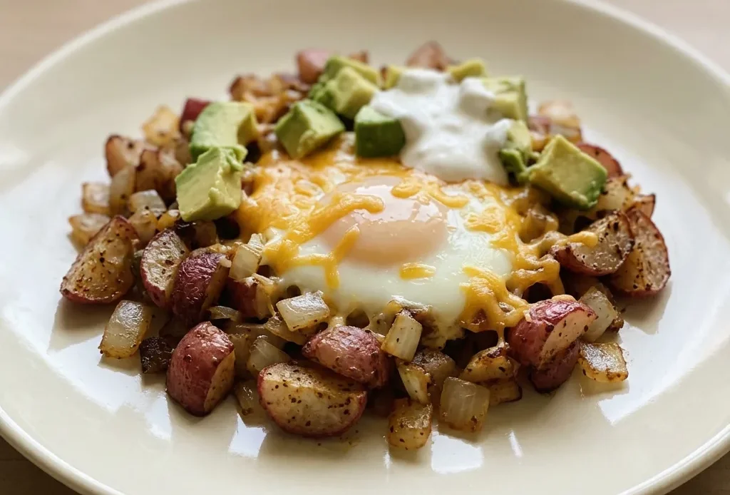 Top-down look at a keto breakfast hash with pan-fried radish cubes, melted cheddar, and two sunny-side eggs, garnished with avocado slices and sour cream dollops.