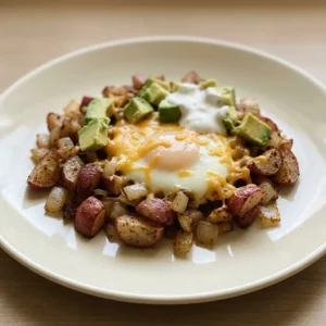 Top-down look at a keto breakfast hash with pan-fried radish cubes, melted cheddar, and two sunny-side eggs, garnished with avocado slices and sour cream dollops.