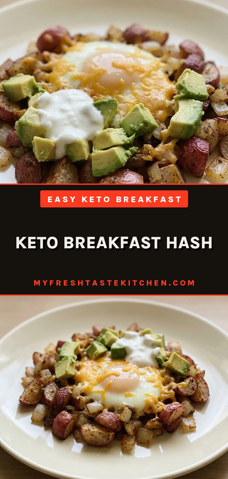 Keto breakfast hash with radishes, eggs, cheddar cheese, avocado, and sour cream