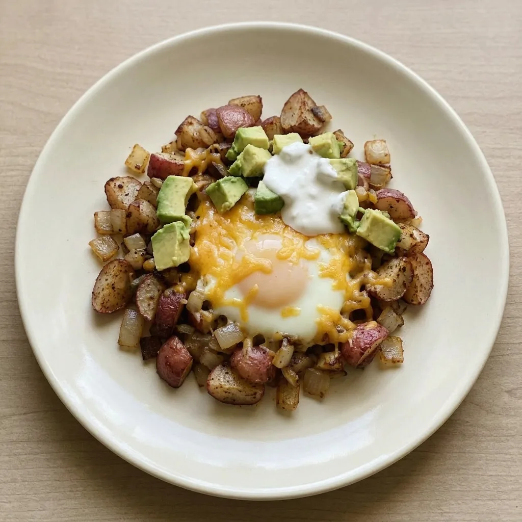 A serving of keto breakfast hash featuring browned radish pieces, melted cheddar cheese, two fried eggs, sliced avocado, and sour cream.