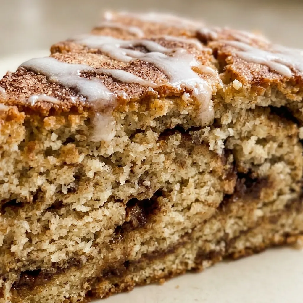 Macro detail of a keto cinnamon bread slice showing a crumbly texture with visible cinnamon specks and a butter pat.