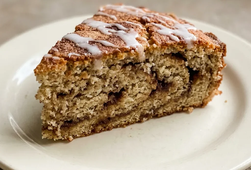 Top-down look at a round keto cinnamon bread slice with a swirl of cinnamon and butter on top.