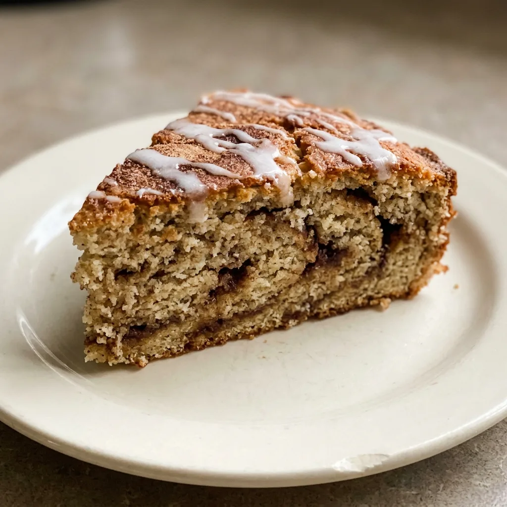 Top-down look at a round keto cinnamon bread slice with a swirl of cinnamon and butter on top.