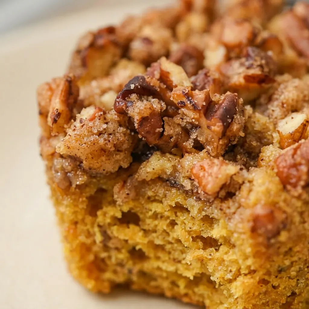 Macro detail of a muffin's golden-brown top with pecan pieces and visible cinnamon specks, creamy interior with pumpkin puree streaks.