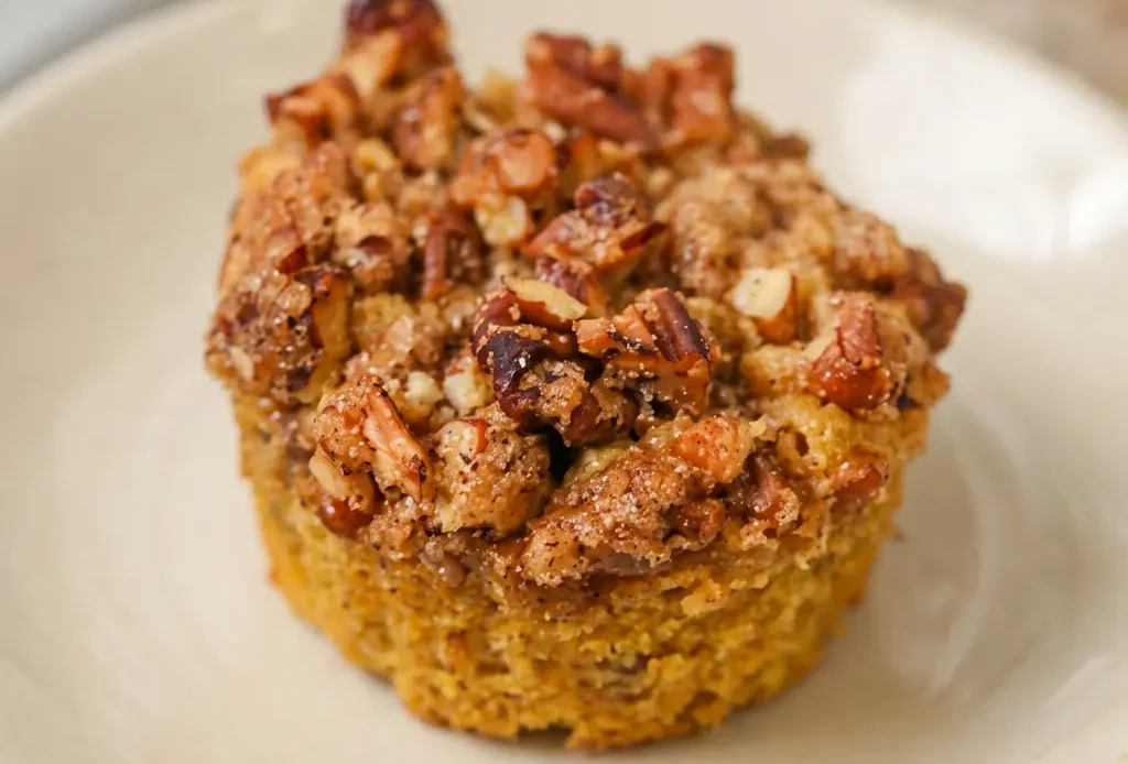 Top-down look at two round muffins with pecan halves on top, one cut in half revealing a moist interior with cream cheese swirl.