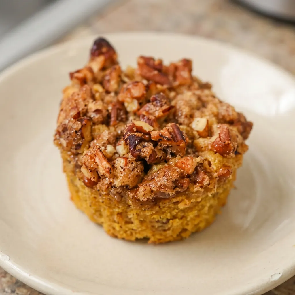 Top-down look at two round muffins with pecan halves on top, one cut in half revealing a moist interior with cream cheese swirl.