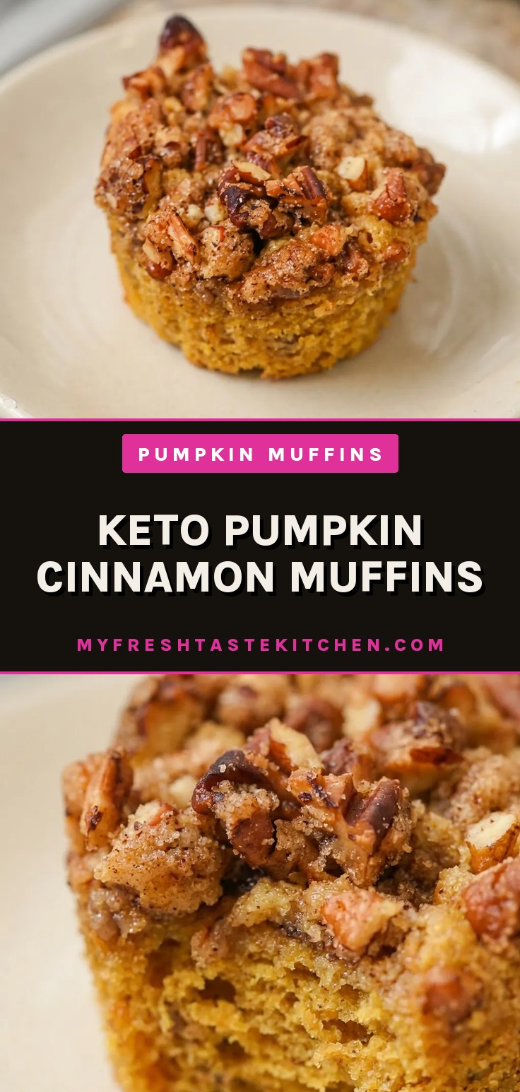 Top-down look at two round muffins with pecan halves on top, one cut in half revealing a moist interior with cream cheese swirl.